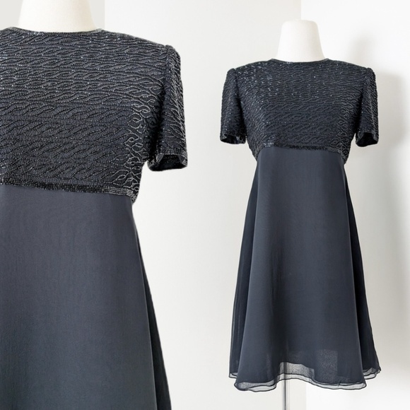 Silk Beaded Mini Dress Empire Waist Talbots Little Black Dress LBD - Picture 2 of 14